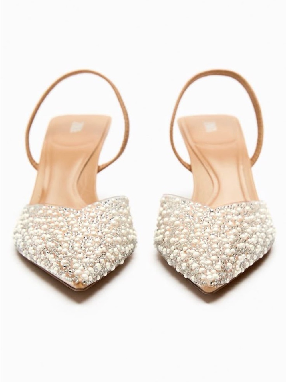 Zara Pear Pearl-Embellished Pointed Kitten Heel Slingback Ivory/Nude
